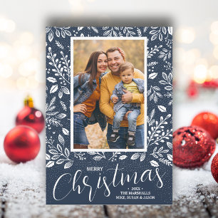 Merry Christmas Botanicals on Navy Blue Photo Holiday Card