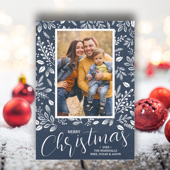 Merry Christmas Botanicals on Navy Blue Photo Holiday Card (White botanicals on blue Merry Christmas photo holiday cards, PRINTED and/or INSTANT DOWNLOAD)