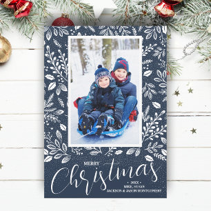 Merry Christmas Botanicals on Navy Blue Photo Holiday Card