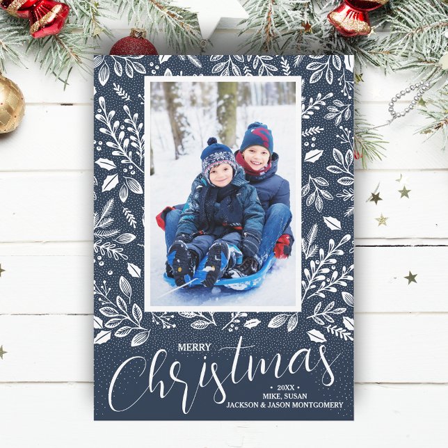 Merry Christmas Botanicals on Navy Blue Photo Holiday Card (White botanicals on navy blue Merry Christmas photo holiday cards, PRINTED and/or INSTANT DOWNLOAD)