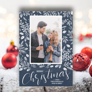 Merry Christmas Botanicals on Navy Blue Photo Holiday Card