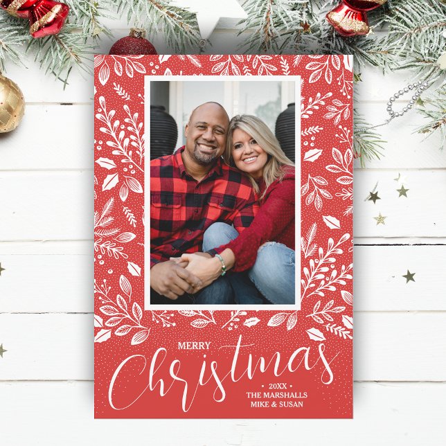 Merry Christmas Botanicals on Red Photo Holiday Card (White botanicals on red Merry Christmas photo holiday cards, PRINTED and/or INSTANT DOWNLOAD)