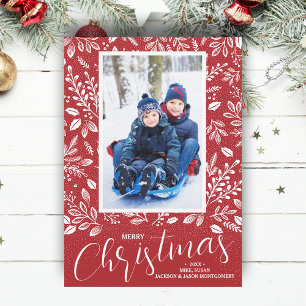 Merry Christmas Botanicals on Red Photo Holiday Card