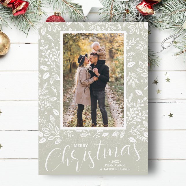 Merry Christmas Botanicals on Sage Green Photo Holiday Card (White botanicals on sage green Merry Christmas photo holiday cards, PRINTED and/or INSTANT DOWNLOAD)