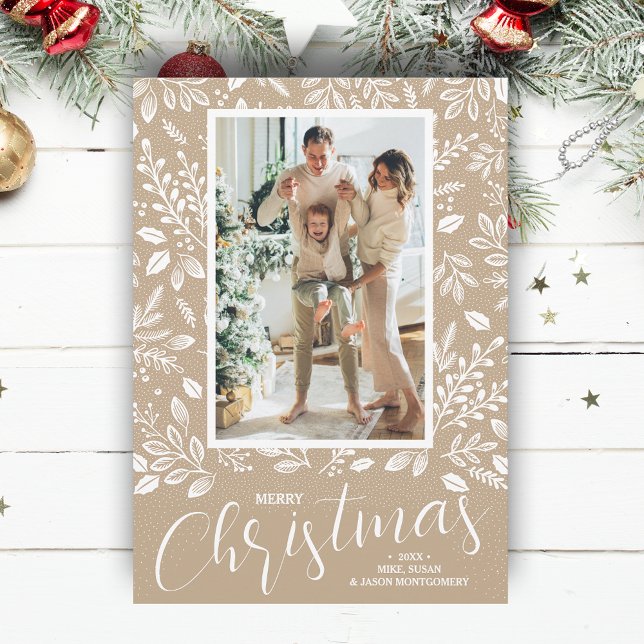 Merry Christmas Botanicals on Taupe Photo Holiday Card (White botanicals on taupe Merry Christmas photo holiday cards, PRINTED and/or INSTANT DOWNLOAD)