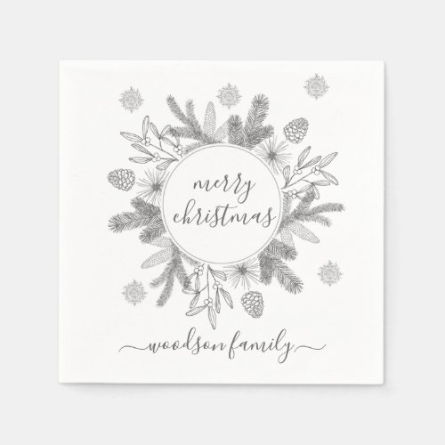Merry Christmas Boughs Pine Holly Wreath  Napkins