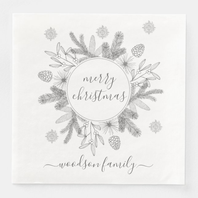 Merry Christmas Boughs Pine Holly Wreath  Paper Dinner Napkins (Front)