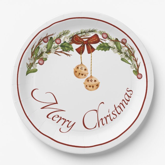 Merry Christmas bow and bells garland Paper Plates (Front)