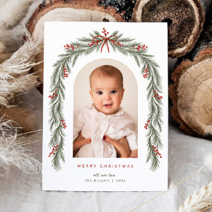 Merry Christmas Bow Berries Pine Branch Arch Photo Holiday Card