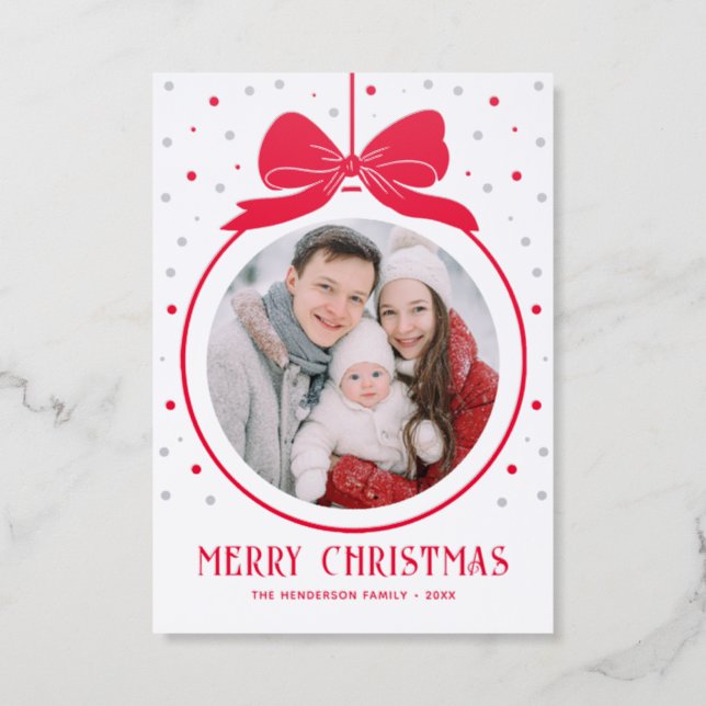 Merry Christmas Bow Family Photo Letterpress Photo Cards (Front)