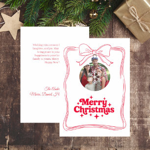 Merry Christmas bow red white modern photo card