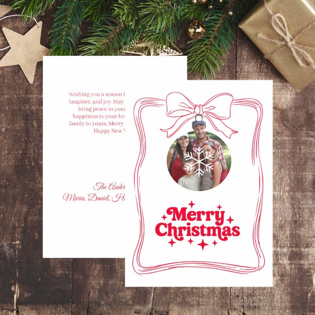 Merry Christmas bow red white modern photo card (Creator Uploaded)