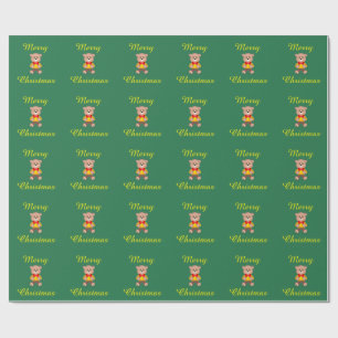 Merry Christmas Bowtie Teddy bear on Green Wrapping Paper
