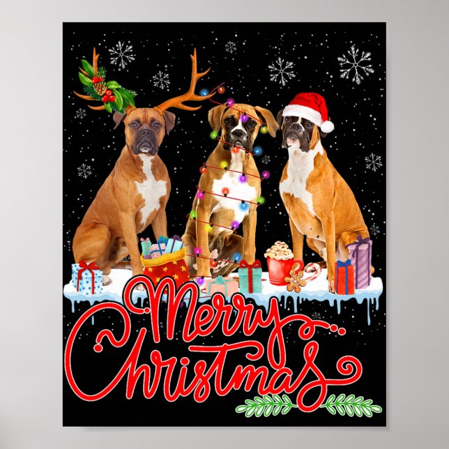 Merry Christmas Boxer Dog Santa Reindeer Light Xma Poster (Front)