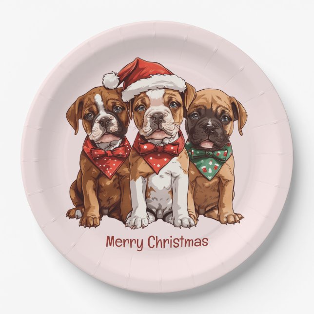 Merry Christmas Boxer Dogs Paper Plates (Front)