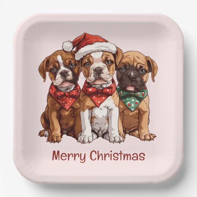 Merry Christmas Boxer Dogs Paper Plates (Front)
