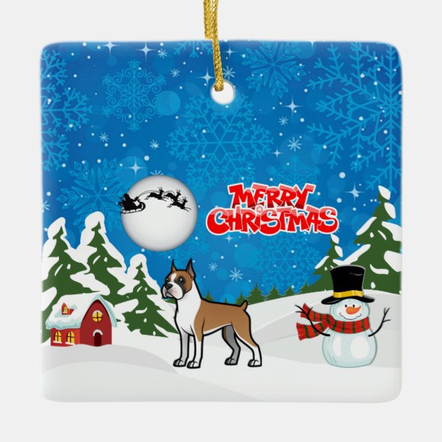 Merry Christmas Boxer With A Snowman And Santa Ceramic Ornament (Front)