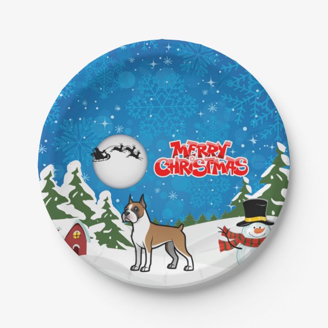 Merry Christmas Boxer With A Snowman And Santa Paper Plates (Front)