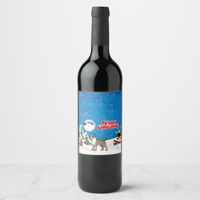 Merry Christmas Boxer With A Snowman And Santa Wine Label (Front)