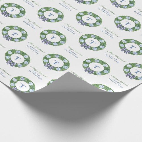 Merry Christmas Boxwood Wreath Blue White Baubles Wrapping Paper