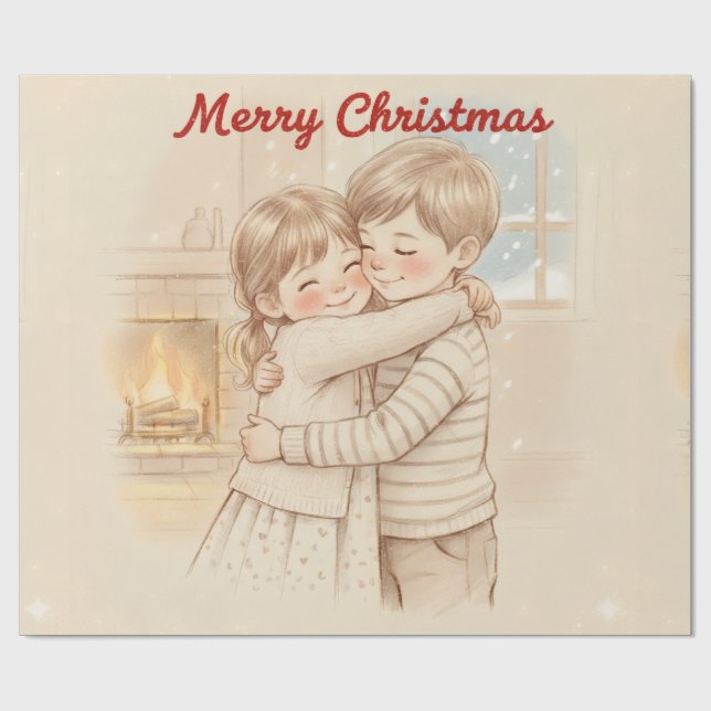 Merry Christmas boy and girl pictured together cut Wrapping Paper (Flat)