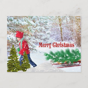 Merry Christmas Boy with Sled Holiday Postcard