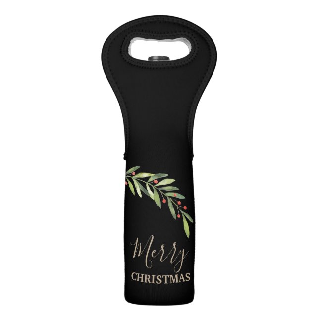 Merry Christmas Branch and Berries on Black Wine Bag (Front)