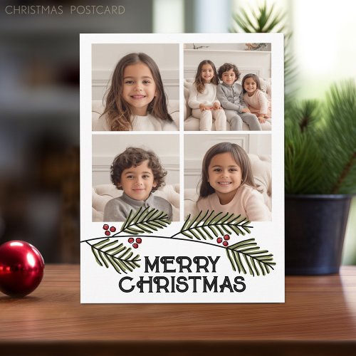 Merry Christmas Branches _ 4 Photo Modern Script Holiday Postcard