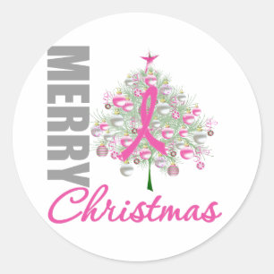 Merry Christmas Breast Cancer Pink Ribbon Wreath Classic Round Sticker