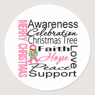 Merry Christmas Breast Cancer Ribbon Collage Classic Round Sticker