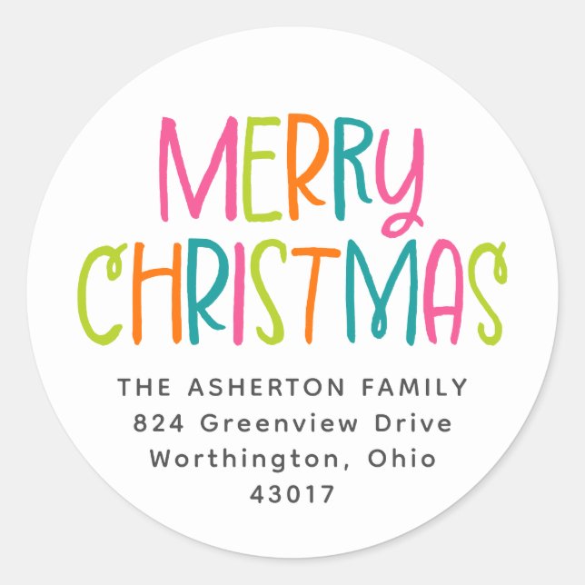 Merry Christmas bright fun return address Classic Round Sticker (Front)