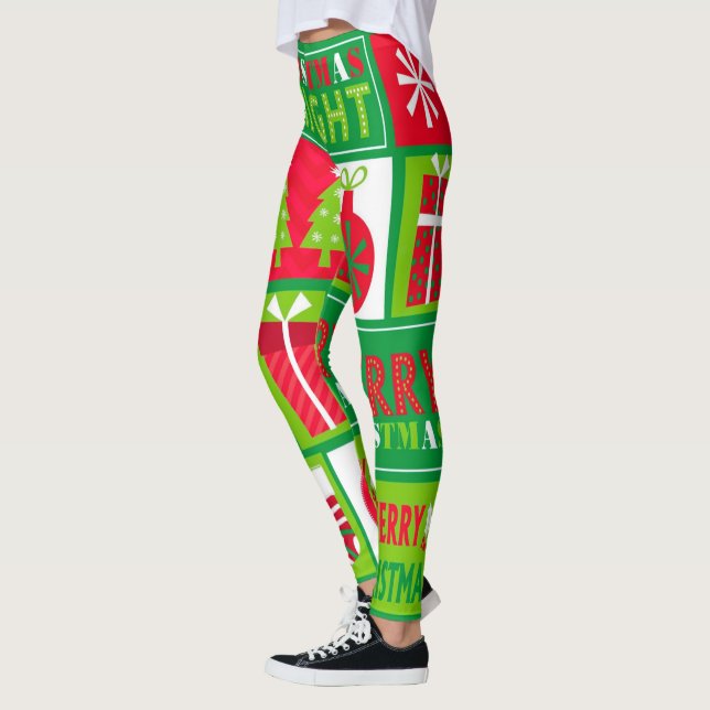 Merry Christmas Bright Noel Red and Green Leggings (Left)