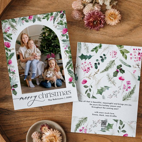 Merry Christmas Bright Pink Botanical Arch 1 Photo Holiday Card