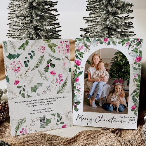 Merry Christmas Bright Pink Greenery Arch 1 Photo Holiday Card
