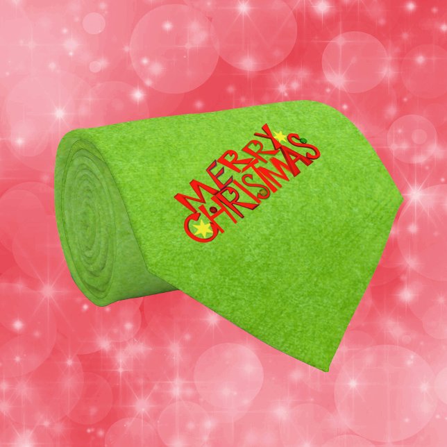 Merry Christmas Bright Red Letters stars Green Neck Tie (Green mens necktie with festive Merry Christmas tex in bold red letters gold stars.)