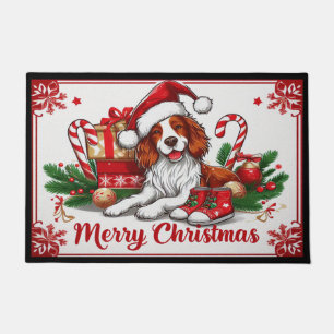 Merry Christmas Brittany Dog With Santa Hat Xmas Doormat