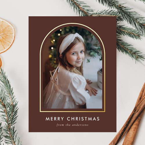 Merry Christmas Brown Arch Photo Foil Holiday Postcard