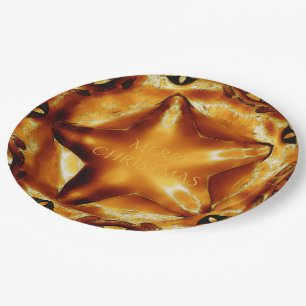 Merry Christmas Brown Gold Copper Elegant Star Paper Plates