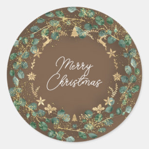 Merry Christmas Brown Green Wreath Woodland  Classic Round Sticker