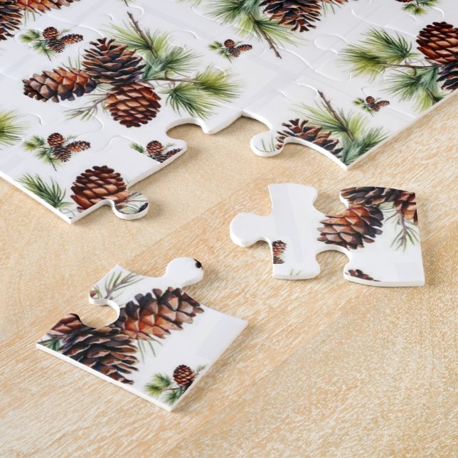 Merry Christmas Brown Pinecones Green Foliage  Jigsaw Puzzle (Side)