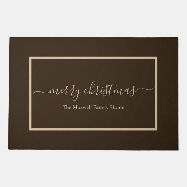 Merry Christmas brown taupe family name Doormat (Front)