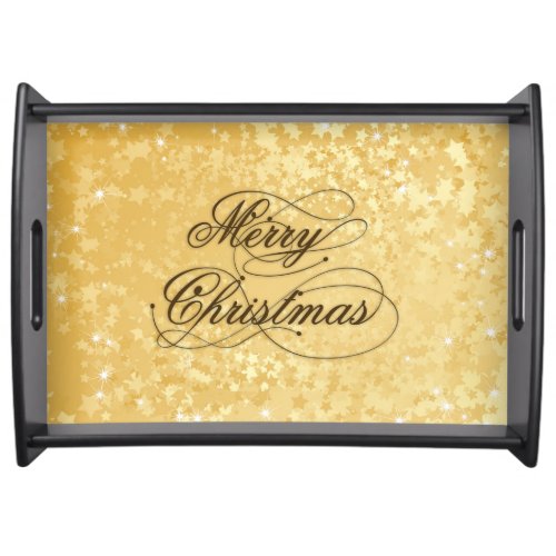 Merry Christmas Brown Text Design Gold Bokeh 2 Serving Tray