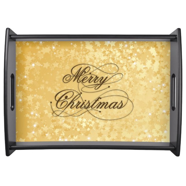 Merry Christmas Brown Text Design Gold Bokeh 2 Serving Tray (Front)