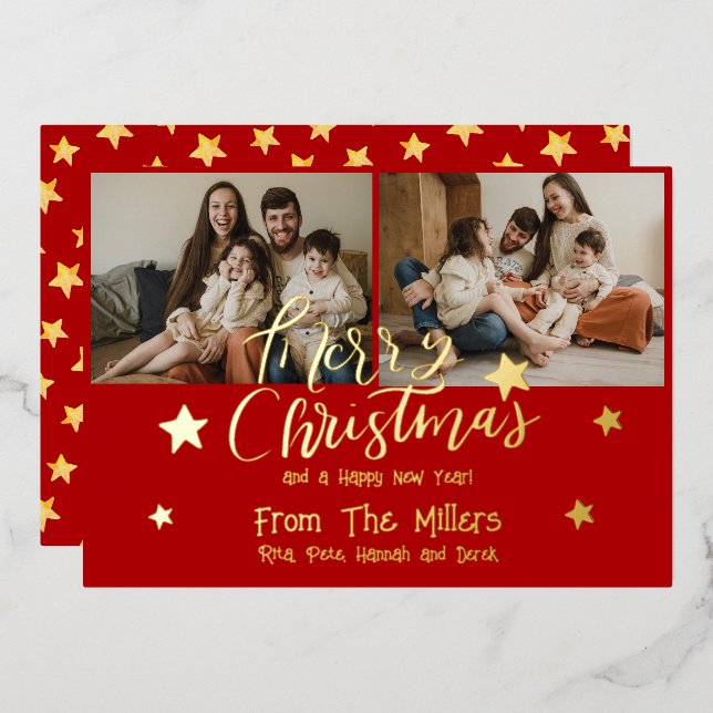Merry Christmas Brush Script 3 Photos Red Foil Holiday Card (Front/Back)