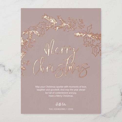 Merry Christmas Brush Script Berry Leaves Blush Foil Holiday Postcard