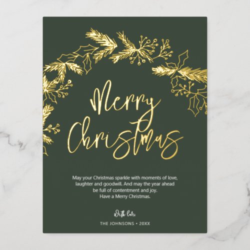 Merry Christmas Brush Script Berry Leaves Green Foil Holiday Postcard