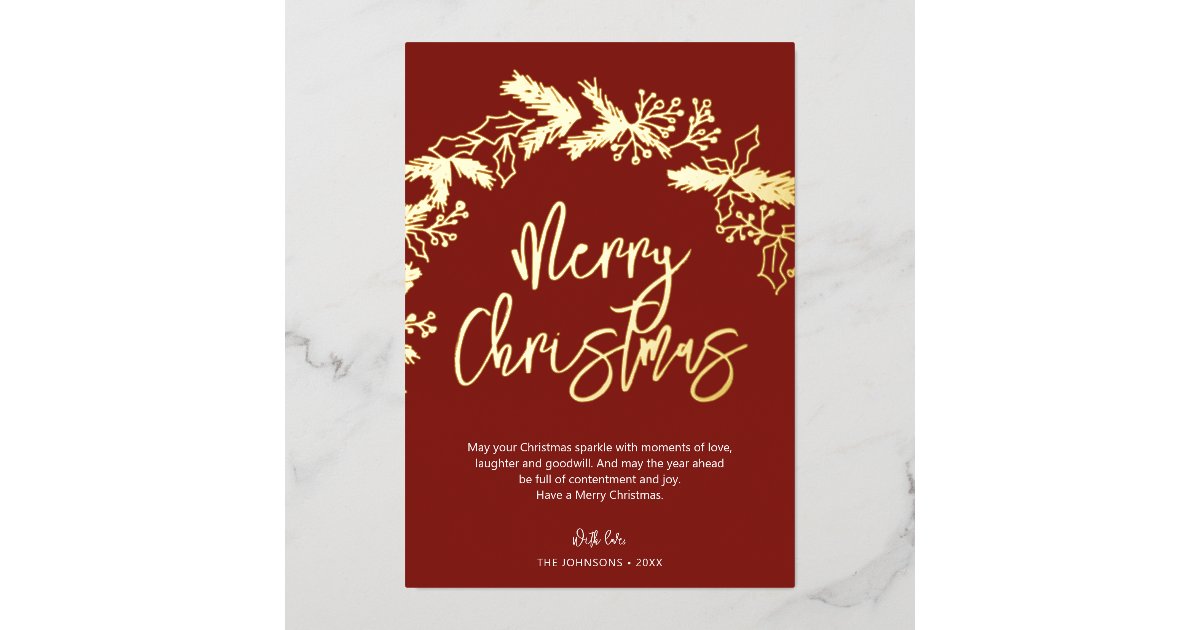 Merry Christmas Brush Script Berry Leaves Red Foil Holiday Card Zazzle