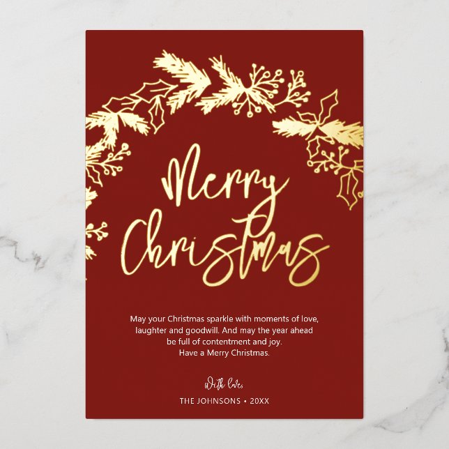 Merry Christmas Brush Script Berry Leaves Red Foil Holiday Card (Front)