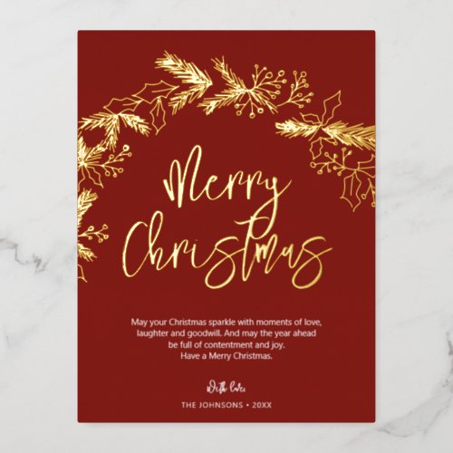 Merry Christmas Brush Script Berry Leaves Red Foil Holiday Postcard