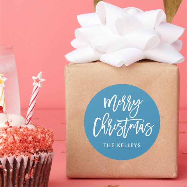 Merry Christmas Brush Script Blue Personalized Classic Round Sticker (Party)